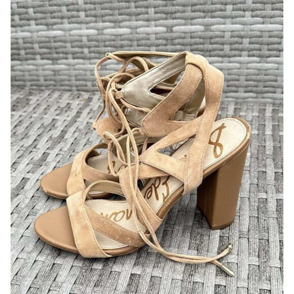 Sam Edelman “Yardley” Beige  Suede Chunky Heel Lace Up Strappy‎ Sandal Sz 8.5 M